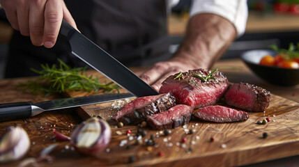 Chef's hands cutting a steak