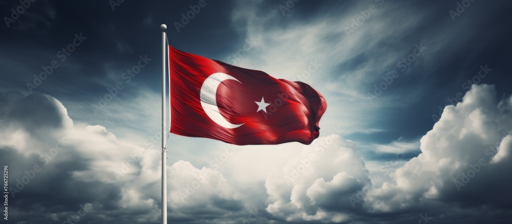 Poster the turkish flag is fluttering in the wind under a cloudy sky, creating a striking visual display in