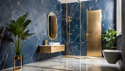 bathroom cabinet, dark blue and gold, marble detailed walls, 