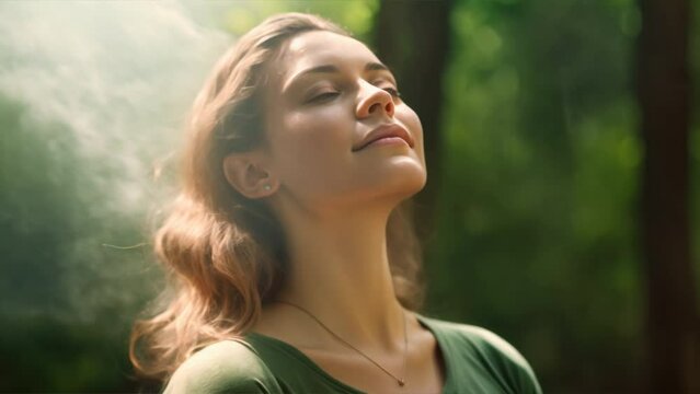 Woman breathing fresh air, woman and nature