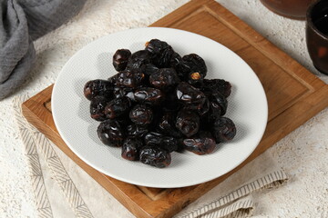 ajwa date or kurma ajwa,traditional Ramadan iftar meal. Ramadan kareem fasting month concept