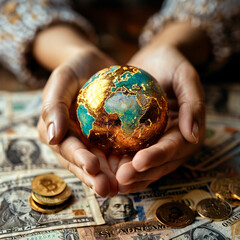 Hands cradle a small globe over money and cryptocurrency coins, symbolizing global finance