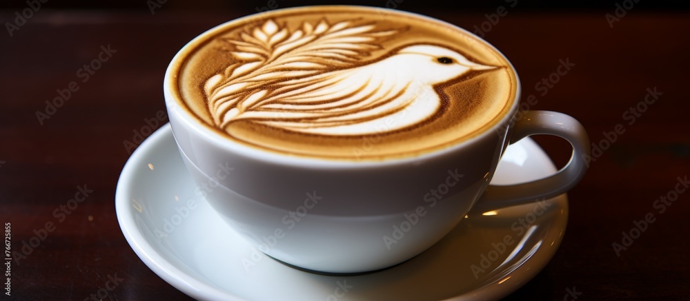 Sticker A singleorigin coffee served in a coffee cup on a saucer with a bird ornament. Enjoy a Wiener melange or cortado in this stylish drinkware