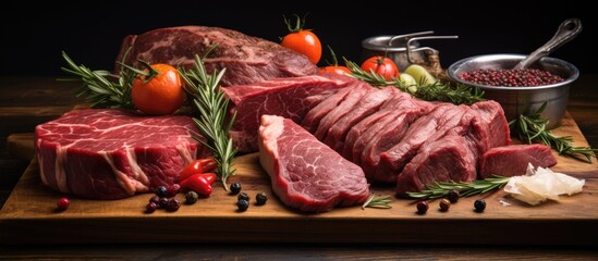 A wooden cutting board displaying fresh meat, assorted colorful vegetables, placed on top of a sturdy table
