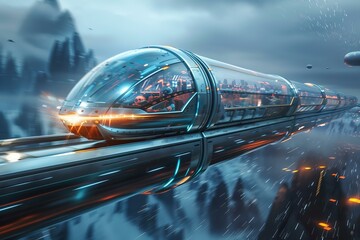 A sleek, metallic monorail speeding through a futuristic landscape