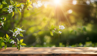 Slightly blurred out of focus wallpaper of tree branches and garden under sunlight from point of view of empty wooden table.