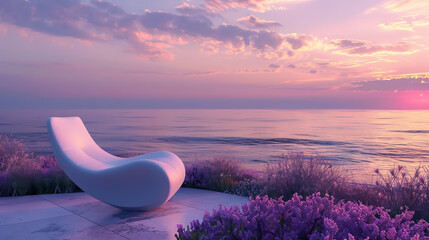 Modern white chair overlooking tranquil nature scene fantastic seascape - obrazy, fototapety, plakaty