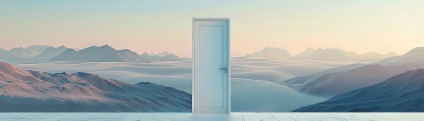 Minimalist white door opening to fantasy terrain dreamlike mountains