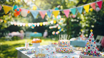 Summer birthday party on backyard with garland and cake. Background concept