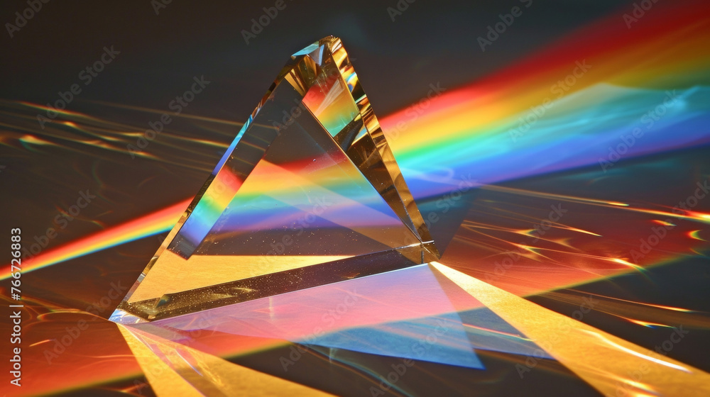 Poster a glass prism held up to a light source displaying the intense stages of light response. the prism s