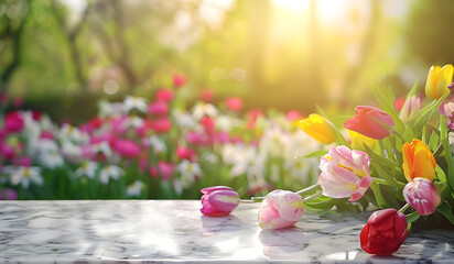 Empty marble table under sunlight in a garden full of flowers and beautiful spring background.