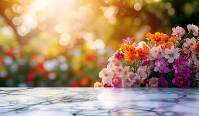 Empty marble table under sunlight in a garden full of flowers and beautiful spring background.