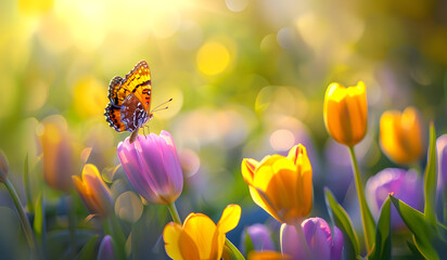 Beautiful spring nature background with yellow and purple flowers tulips, butterfly on flower in a sunny day.