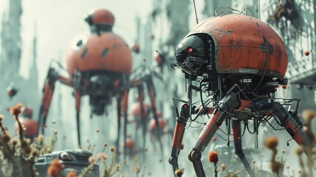A robotic ecosystem being slowly overtaken by a visually stunning, yet deadly, virus