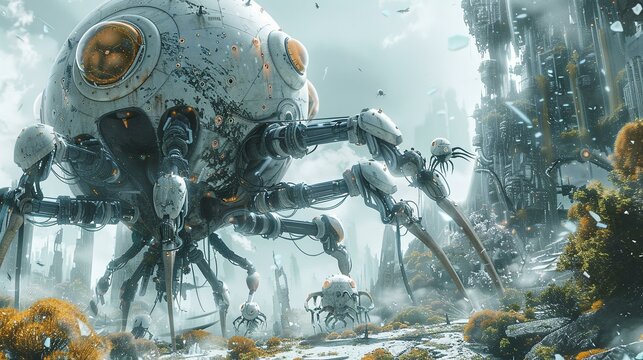 A robotic ecosystem being slowly overtaken by a visually stunning, yet deadly, virus