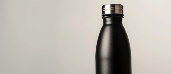 Close-up image of a black matte steel thermo water bottle, set against a white background with room for text. Encourages zero waste and advocates against plastic disposable bottles,