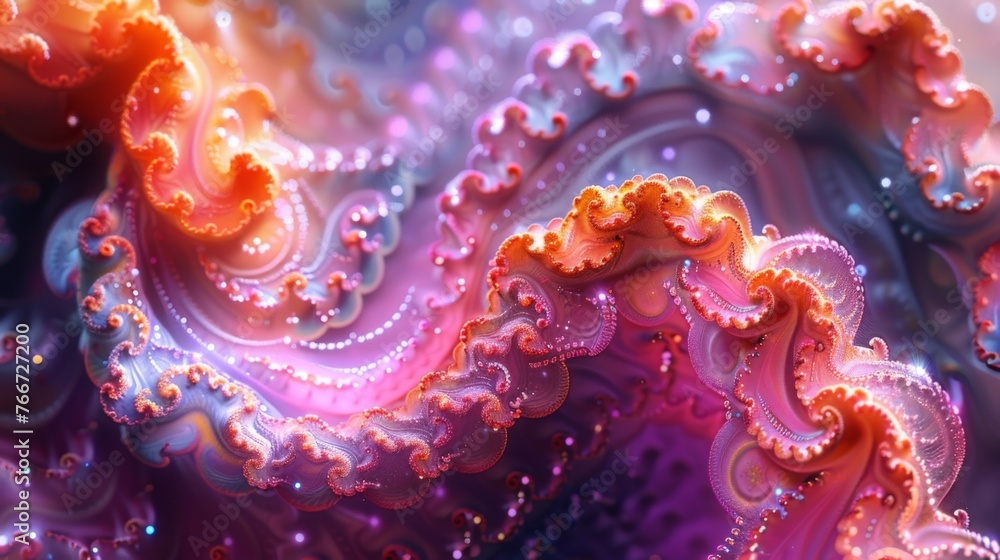 Poster an abstract representation of fractals with vibrant hues and intricate details merging and expanding