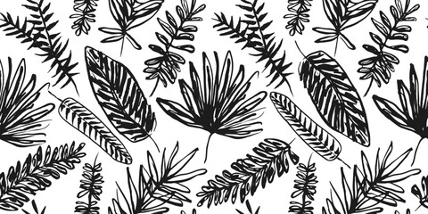 Black and white seamless pattern with hand drawn ink brush stroke textured tropical leaves. Artistic grunge paintbrush exotic botanical elements print for textile design, wrapping paper, wallpaper