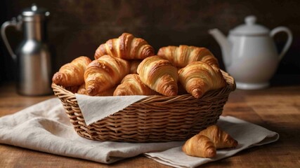 Basket of mini croissants on a wooden table 