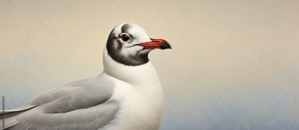 Poster a detailed view of a lari seabird with a distinctive red beak and sleek feathers, showcasing the bea