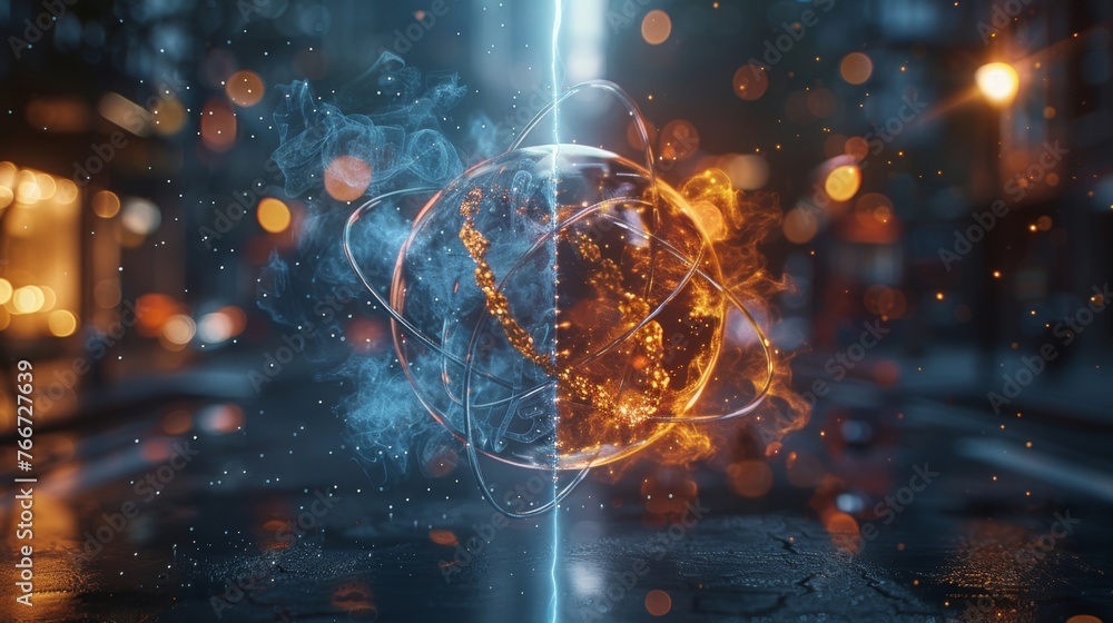 Poster a split screen view of a single atom with one half showing a solid structure and the other half disp