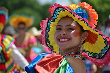A lively street parade with colorful floats, dancers, and marching bands