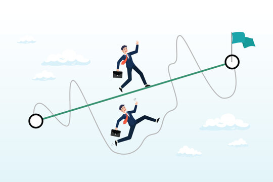 Businessman competing with smart guy running on straight easy way and other on hard messy path, easy or shortcut way to win business success or hard path and obstacle (Vector)