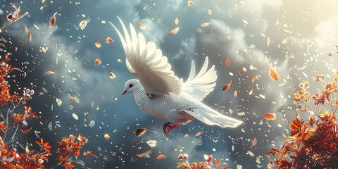 White dove gracefully flying through the air The dove's wings are spread wide creating a sense of freedom and tranquility