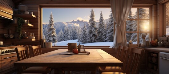 A picturesque scene of a wooden house featuring a cozy kitchen with a table and chairs, a window...