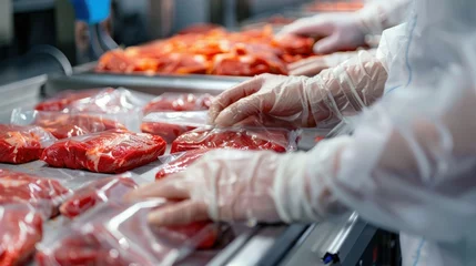 Fotobehang Manual meat packing with vacuum sealer for food packaging in meat factories © นาย ปริญญา ลัยนันทะ