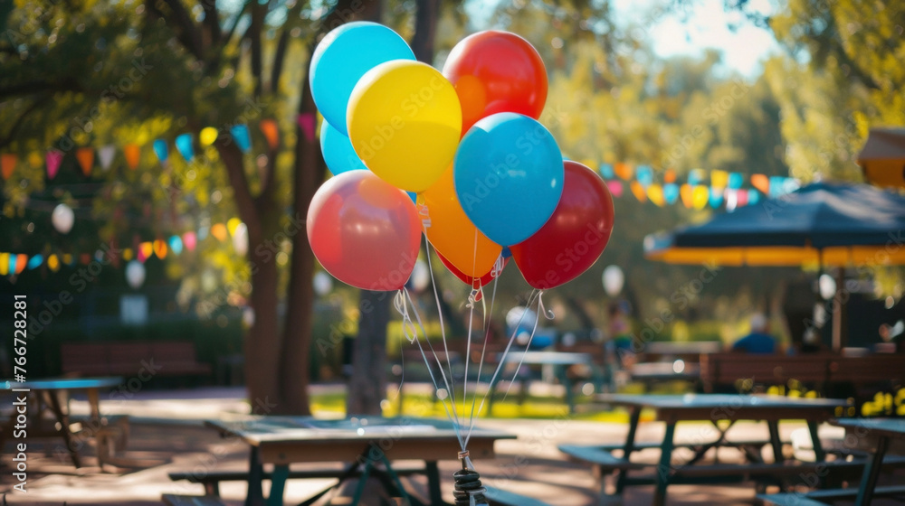 Poster colorful balloons floating in the air tied to chairs and picnic tables adding a festive touch to the