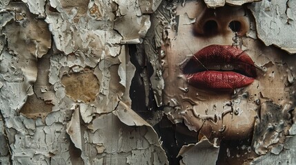 Old wall art design, abandoned old wrinkled, torn torn poster background. The remains of a torn poster with a woman's face on the wall and oil paint on the wall. - obrazy, fototapety, plakaty