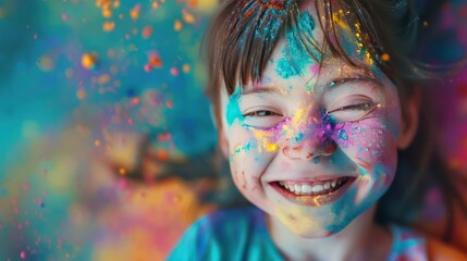 Close-up of a cute smiling young woman with Down syndrome, a fun smile, face covered in colored powder. - obrazy, fototapety, plakaty