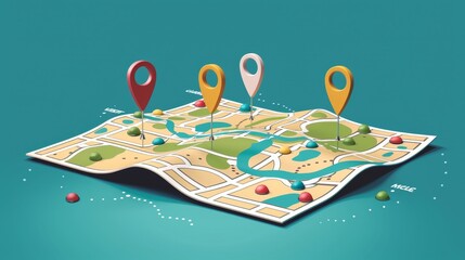 A basic illustration of a map with pins marking various travel destinations AI generated illustration