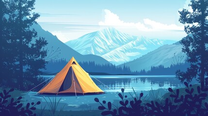 A basic illustration of a tent pitched in a serene camping spot AI generated illustration