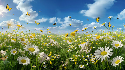 Sunlit Meadow: Daisies, Butterflies & Chamomile Panorama