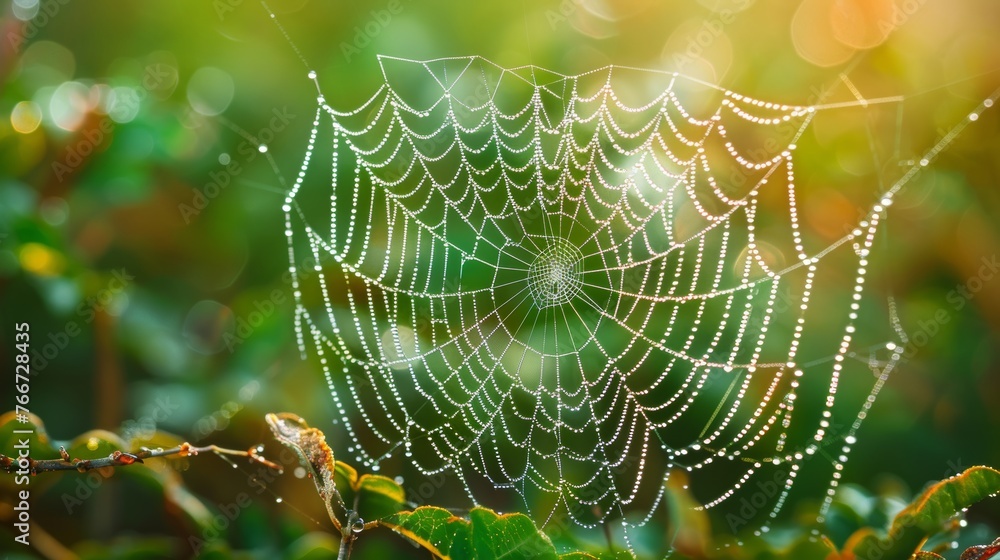 Poster an intimate view of a dew-covered spider web ai generated illustration