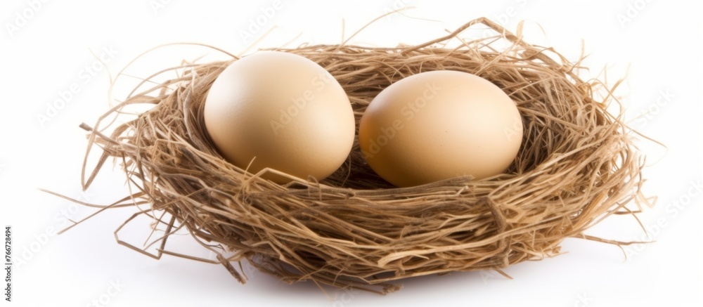 Poster Two eggs are resting in a bird nest made of natural materials like wood and twigs, placed on a white background. The nest resembles a wicker basket, creating a picturesque event in nature