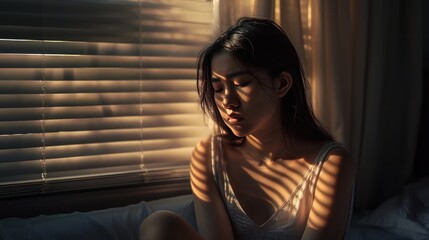 A Domestic violence: Asian woman sitting depressed alone in bedroom Feeling sad and disappointed in love In a dark bedroom and sunlight from the window coming through the blinds. - obrazy, fototapety, plakaty