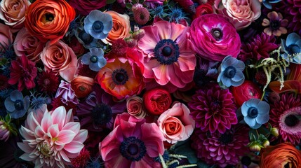 Fototapeta premium Bold and Bright Blooms Detailed photographs of bold and bright flower arrangements showcasing vibrant colors contrasting textur AI generated illustration