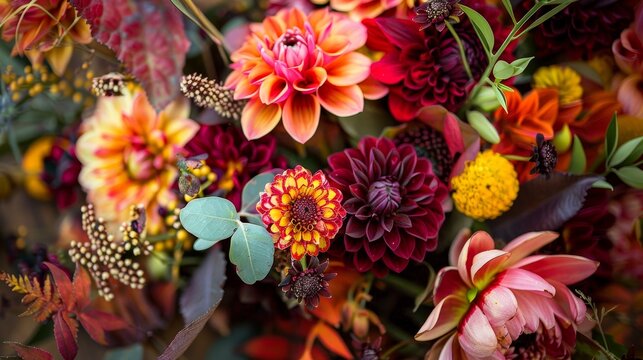 Autumn Harvest Florals Detailed photographs of autumn harvest florals featuring rich hues seasonal foliage and rustic aAI generated illustration