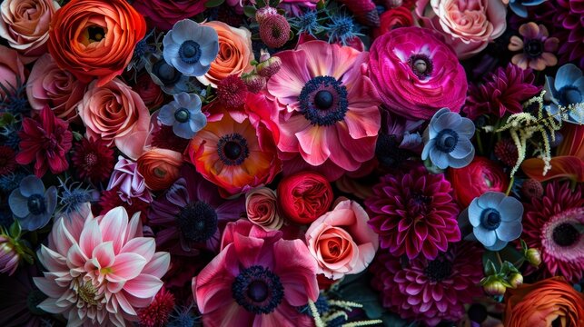 Bold and Bright Blooms Detailed photographs of bold and bright flower arrangements showcasing vibrant colors contrasting textur AI generated illustration