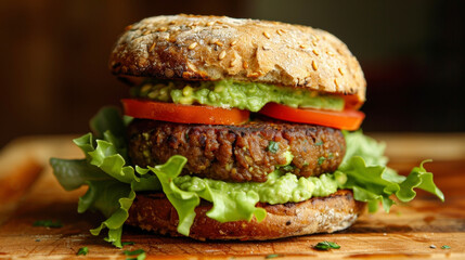 A freshly prepared hamburger with crisp lettuce and juicy tomatoes layered on a wooden cutting board.