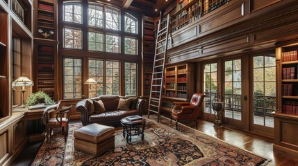 Elegant home library with a sliding ladder AI generated illustration