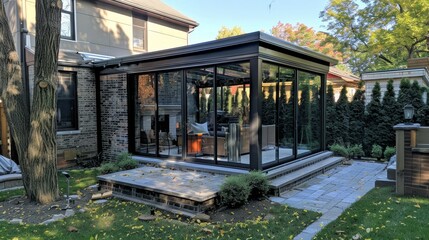 Glass-enclosed sunroom with a retractable roof AI generated illustration