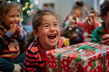 Children excitedly unwrapping presents and playing with toys at a lively Christmas party