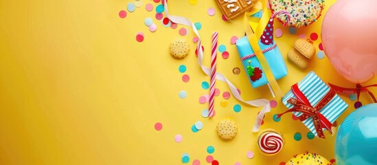 Party or birthday-themed backdrop featuring a bright balloon, present, festive hat, confetti, sweets, and ribbon on a yellow surface. Top-down view with items laid out flat.