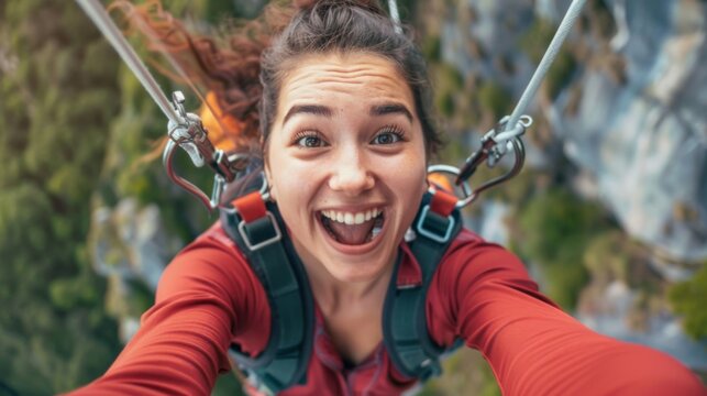 Exited woman bungee jump extreme sport. Background concept