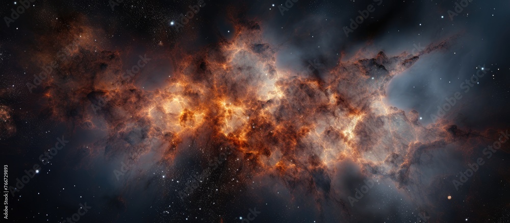 Poster astronomical object resembling a galaxy seen in deep space, with a cloudlike atmosphere of gas and h