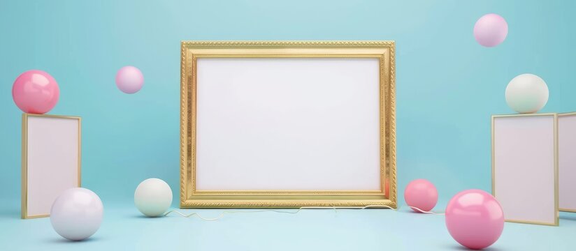 Golden frame mockup available for your photo in a party-themed setting. Colorful paper balls included. Vintage-style poster template provided.